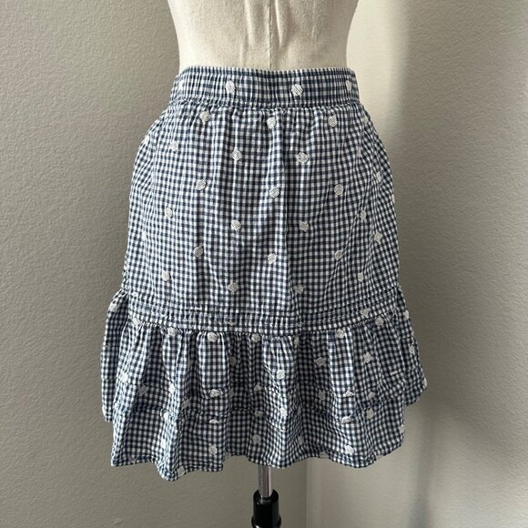 Madewell Embroidered Pintuck Tiered Navy Gingham Mini Skirt Sz L - Picture 3 of 8